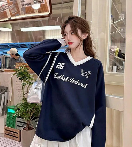 Autumn Winter 2025 Blue Patchwork Elegant Pullover Fashion Short Sweatshirt Women Pink Letter Print V Neck Long Sleeve Tops Chic
