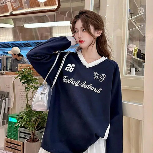 Load image into Gallery viewer, Autumn Winter 2025 Blue Patchwork Elegant Pullover Fashion Short Sweatshirt Women Pink Letter Print V Neck Long Sleeve Tops Chic
