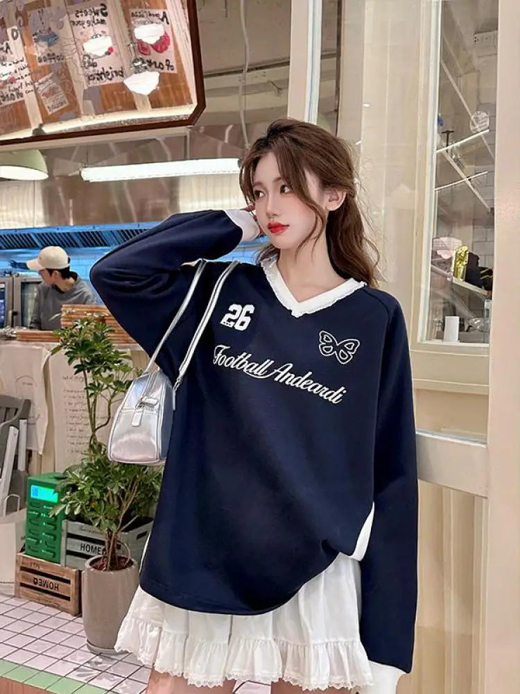 Autumn Winter 2025 Blue Patchwork Elegant Pullover Fashion Short Sweatshirt Women Pink Letter Print V Neck Long Sleeve Tops Chic