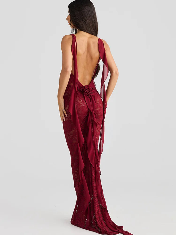 Sexy Sleeveless Lace Patchwork Print Women Backless Party Evening Dress 2024 New Trailing Long Skirt Flowing Vestido