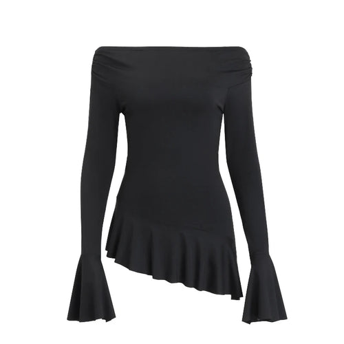 Load image into Gallery viewer, Ruffle Tops y2k Clothes Women Sexy Off Shoulder Flared Long Sleeve Asymmetrical Hem T Shirts 2000s Clothing Streetwear
