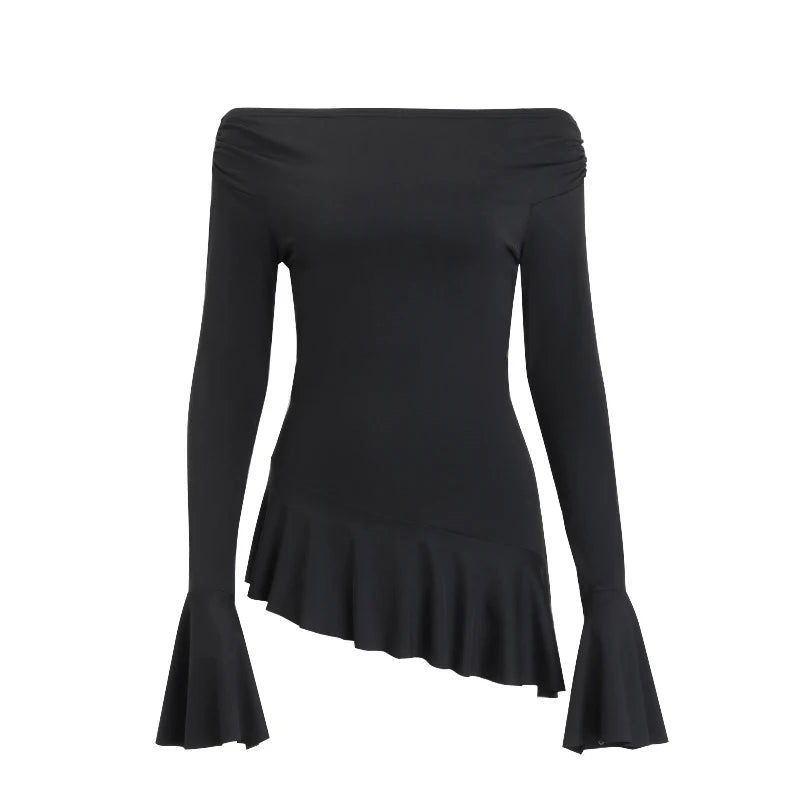 Ruffle Tops y2k Clothes Women Sexy Off Shoulder Flared Long Sleeve Asymmetrical Hem T Shirts 2000s Clothing Streetwear