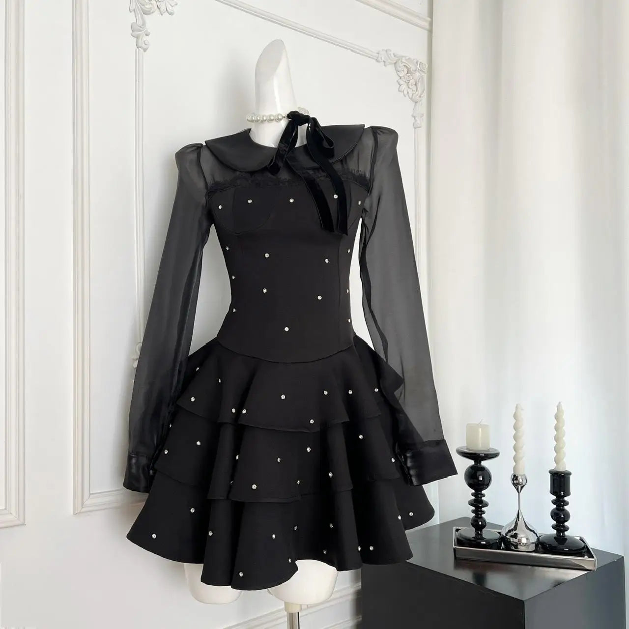 Autumn Vintage Black Dot Elegant Festival Long Sleeve Mini Dresses French Women Evening Party Pleated Short Dress Fashion Ladies