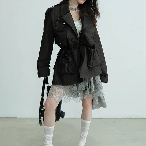 Load image into Gallery viewer, Low Waist Gray Lace Irregular Spliced Pleated Mini Half-body Skirt Women Fashion Tide New Spring Autumn 2025 1DJ0689
