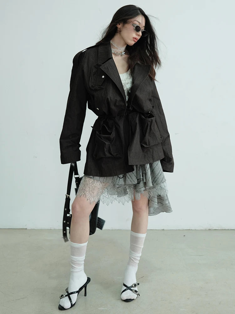 Low Waist Gray Lace Irregular Spliced Pleated Mini Half-body Skirt Women Fashion Tide New Spring Autumn 2025 1DJ0689