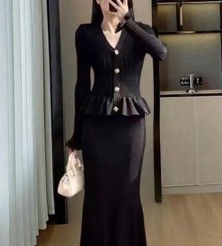 Autumn Winter Vintage Women Solid Long Sleeve Ruffles Cardigan Knit Sweater + High Waist Wrap Hip Fishtail Skirt Two Piece Suits