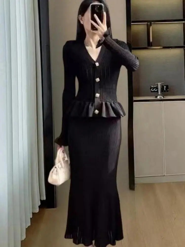Autumn Winter Vintage Women Solid Long Sleeve Ruffles Cardigan Knit Sweater + High Waist Wrap Hip Fishtail Skirt Two Piece Suits