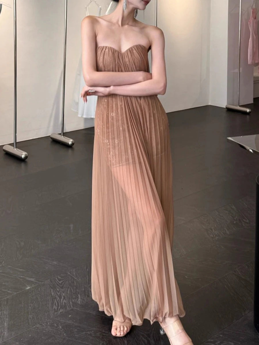 Slimming Spliced Sequins Sexy Dresses for Women Strapless Sleeveless Sheer Patchwork Folds Elegant Dress Female New