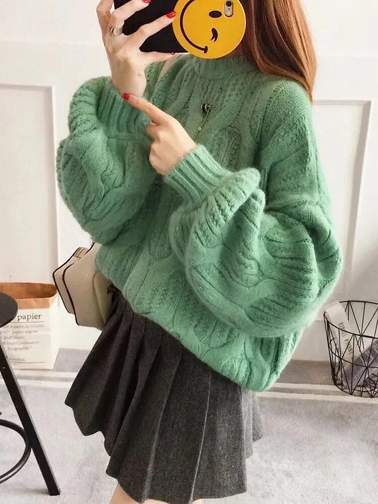 Solid Pullover Knitting Sweaters For Women Round Neck Lantern Sleeve Loose Minimalist Sweater For Women Fashion