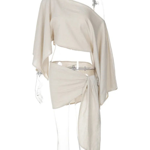 Load image into Gallery viewer, Sexy Skirt Two Piece Sets Women Skew Collar Cape Sleeve Crop Tops And Hot Skirt Matching Sets Sexy Beach Two Piece Set
