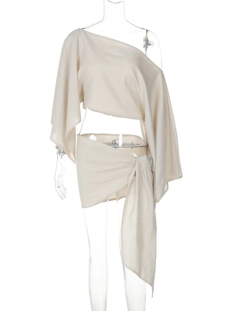 Sexy Skirt Two Piece Sets Women Skew Collar Cape Sleeve Crop Tops And Hot Skirt Matching Sets Sexy Beach Two Piece Set