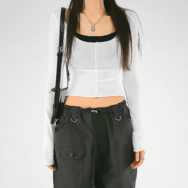 2025 Autumn New Slim Two Pieces Set Women Grunge Solid Streetwear Tops + Sleeveless All Match Black Vest Y2k Aesthetic Fashion