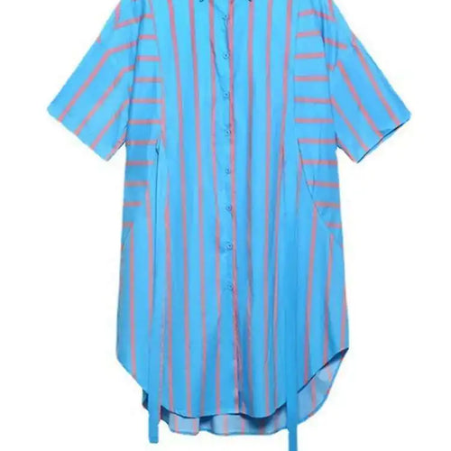 Load image into Gallery viewer, Women Blue Striped Bandage Big Size Knee-Length Shirt Dress New Lapel Long Sleeve Fashion Tide Spring Autumn 2025 1DH4539
