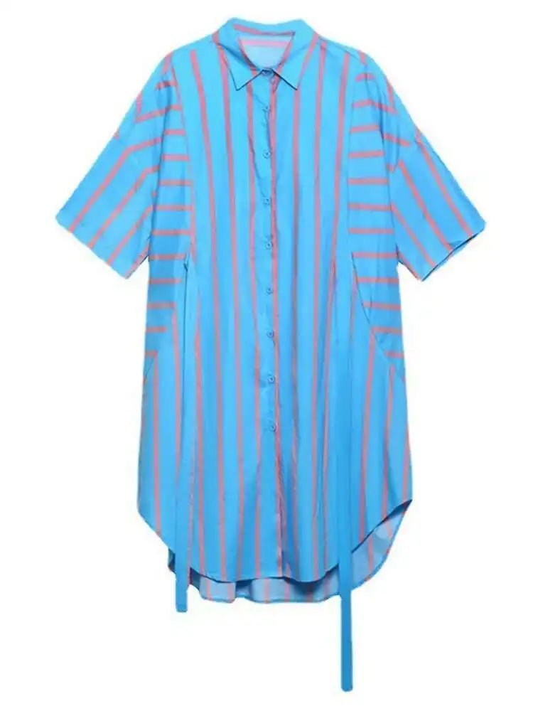 Women Blue Striped Bandage Big Size Knee-Length Shirt Dress New Lapel Long Sleeve Fashion Tide Spring Autumn 2025 1DH4539
