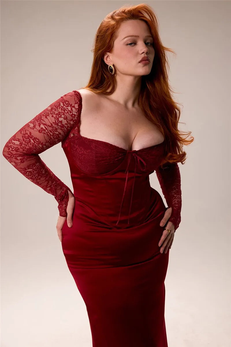 Backless Long Sleeve Sexy Maxi Dress For Women Solid Square Collar Lace-up Back Split Bodycon Club Long Dress Elegant