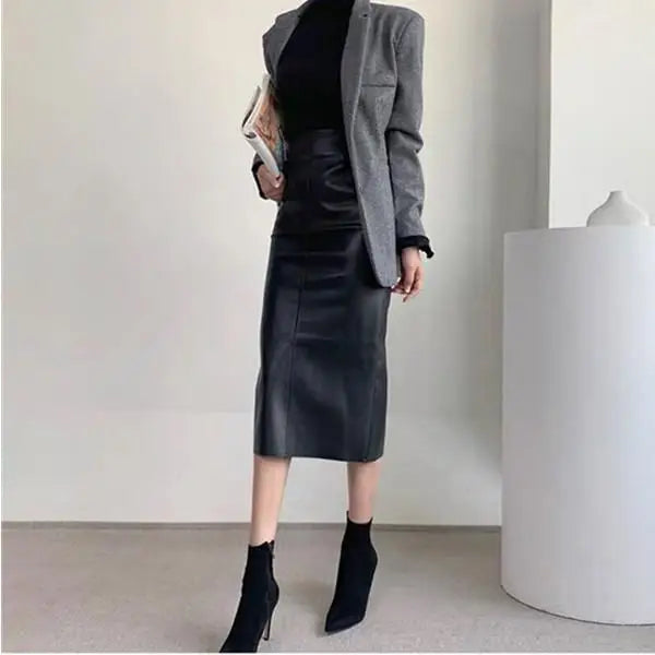 Autumn Winter New Black Leather High Waist Midi Skirt Women Korean Fashion Brown Office Straight Wrap Hip Split Skirt Streetwear