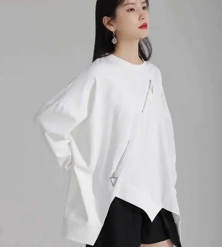 Black Irregular Hem Zipper Sweatshirt New Round Neck Long Sleeve Women Big Size Fashion Tide Spring Autumn 2025 1DH4308
