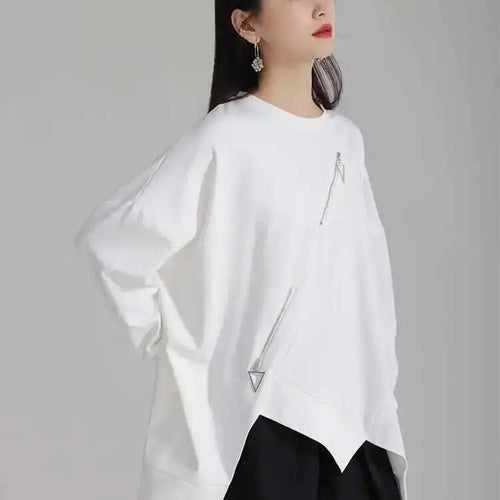 Load image into Gallery viewer, Black Irregular Hem Zipper Sweatshirt New Round Neck Long Sleeve Women Big Size Fashion Tide Spring Autumn 2025 1DH4308

