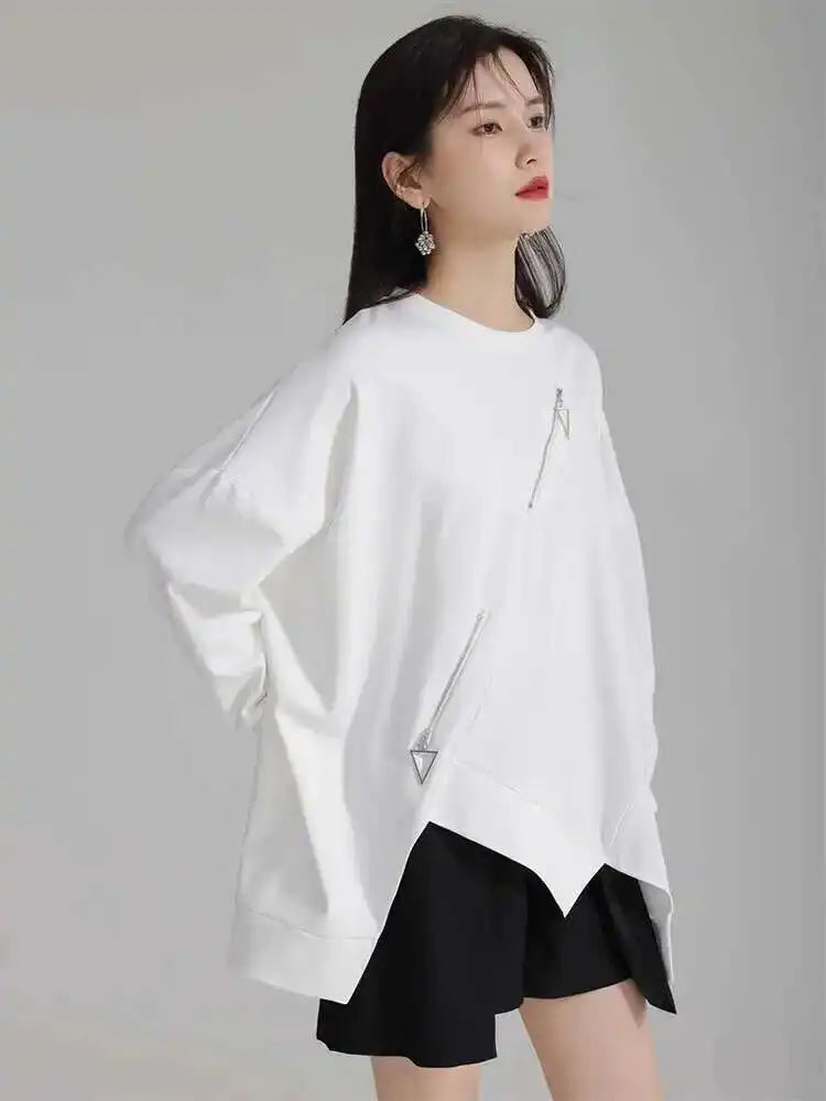 Black Irregular Hem Zipper Sweatshirt New Round Neck Long Sleeve Women Big Size Fashion Tide Spring Autumn 2025 1DH4308