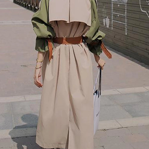 Load image into Gallery viewer, Women Khaki Color-block Belted Big Size Trench New Lapel Long Sleeve Windbreaker Fashion Tide Spring Autumn 2025 2DA1718

