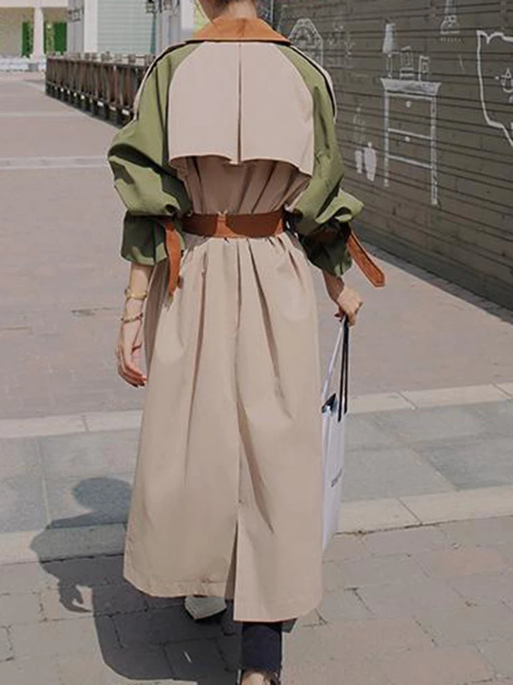 Women Khaki Color-block Belted Big Size Trench New Lapel Long Sleeve Windbreaker Fashion Tide Spring Autumn 2025 2DA1718
