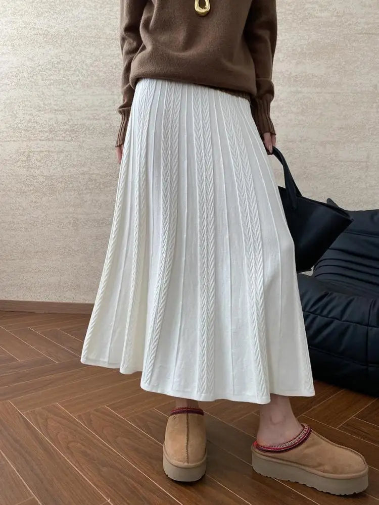 Korean Style Woman Solid New Elegant High Waist Knitted Skirt Autumn Winter Vintage Casual Simple Versatile Festival Party Skirt