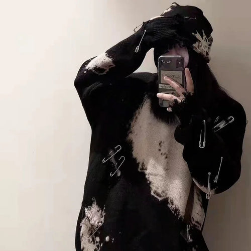 Load image into Gallery viewer, Tie Dye Pins Ripped Holes Knitting Sweaters Hip Hop Streetwear Pullover 2025 Harajuku Loose Black Tops Vintage Jumpers
