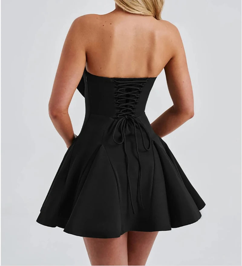 Bow Strapless Backless Sexy Mini Dress For Women Robe Fashion Solid Off-shoulder Sleeveless A-line Club Dress Vestido