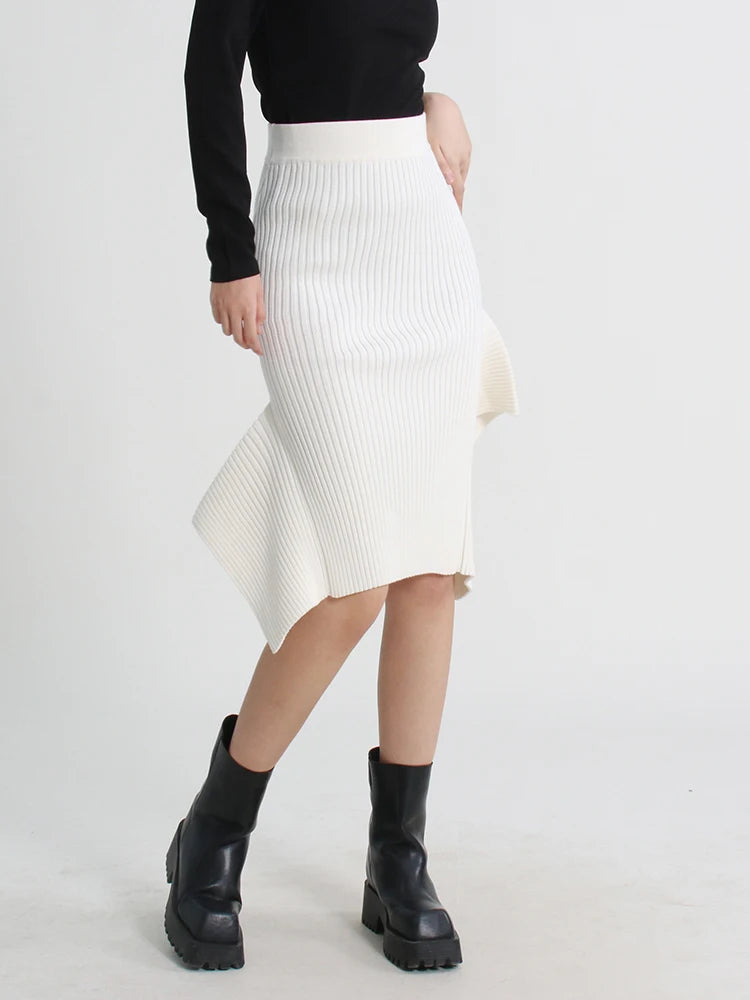 Knitting Ruffle Trim Midi Skirt For Women High Waist Solid Minimalsit Asymmetrical Casual Long Skirts Female