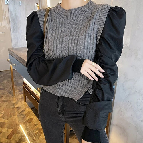 Load image into Gallery viewer, Patchwork Hit Color Knitting Sweaters For Women Round Neck Puff Sleeve Pullover Temperament Sweater Female Fashion
