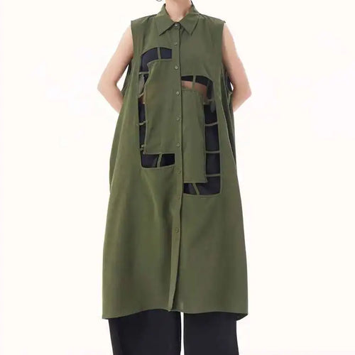 Load image into Gallery viewer, Women Army Green Hollow Out Big Size Midi Casual Dress New Lapel Sleeveless Fashion Tide Spring Summer 2025 1DH9512
