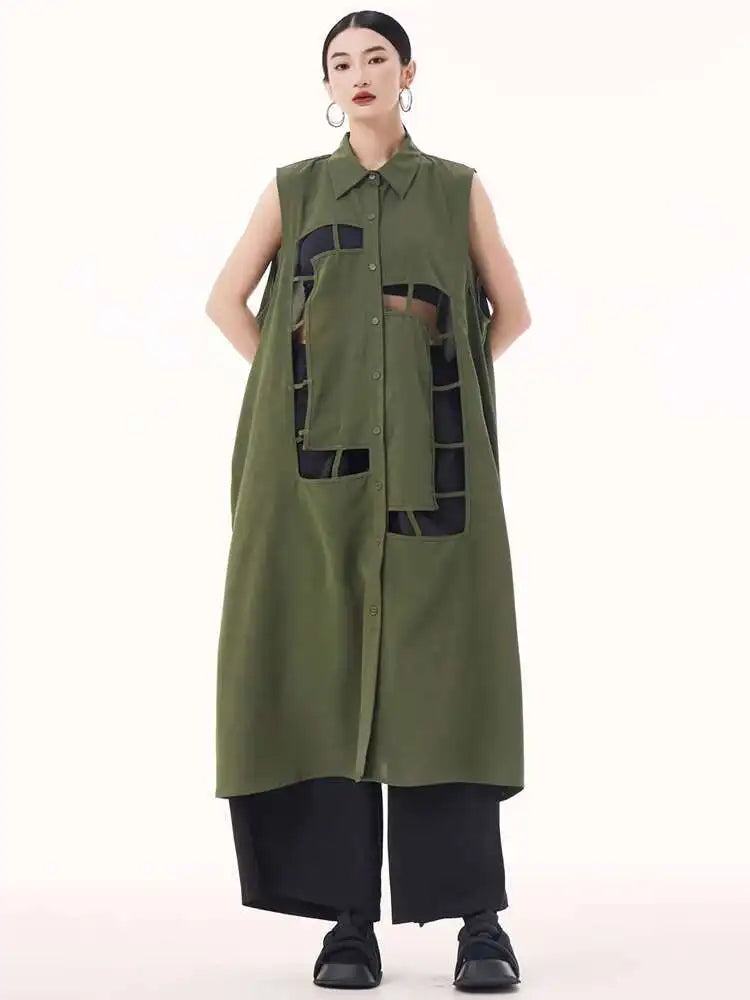 Women Army Green Hollow Out Big Size Midi Casual Dress New Lapel Sleeveless Fashion Tide Spring Summer 2025 1DH9512