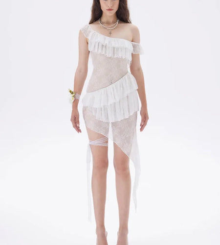 Sexy Lace Mesh Patchwork Ruffle Edge Perspective Dress Women Body Irregular Tight Dress Party Vacation Beach Vestido