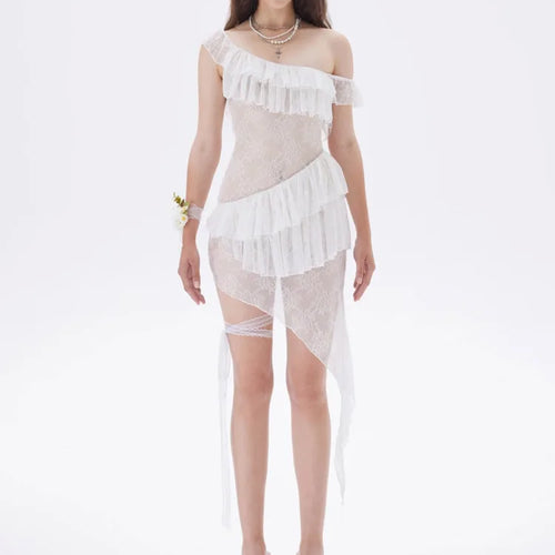 Load image into Gallery viewer, Sexy Lace Mesh Patchwork Ruffle Edge Perspective Dress Women Body Irregular Tight Dress Party Vacation Beach Vestido
