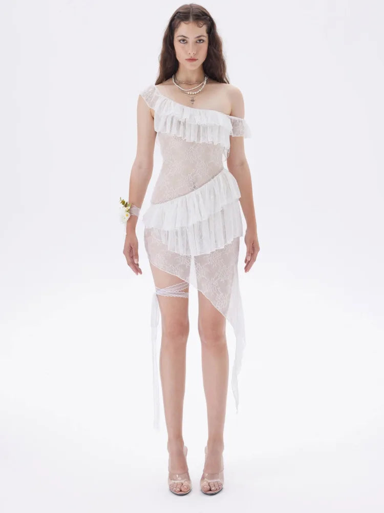 Sexy Lace Mesh Patchwork Ruffle Edge Perspective Dress Women Body Irregular Tight Dress Party Vacation Beach Vestido
