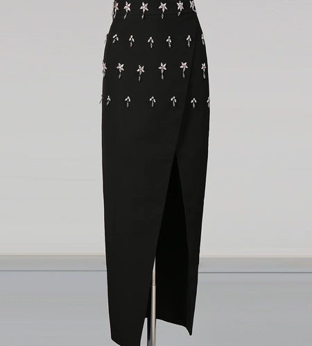 Solid Spliced Bead Lusurious Two Piece Sets for Women O Neck Long Sleeves Top High Waist Split Skirt Set Female New