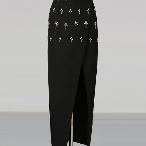 Load image into Gallery viewer, Solid Spliced Bead Lusurious Two Piece Sets for Women O Neck Long Sleeves Top High Waist Split Skirt Set Female New
