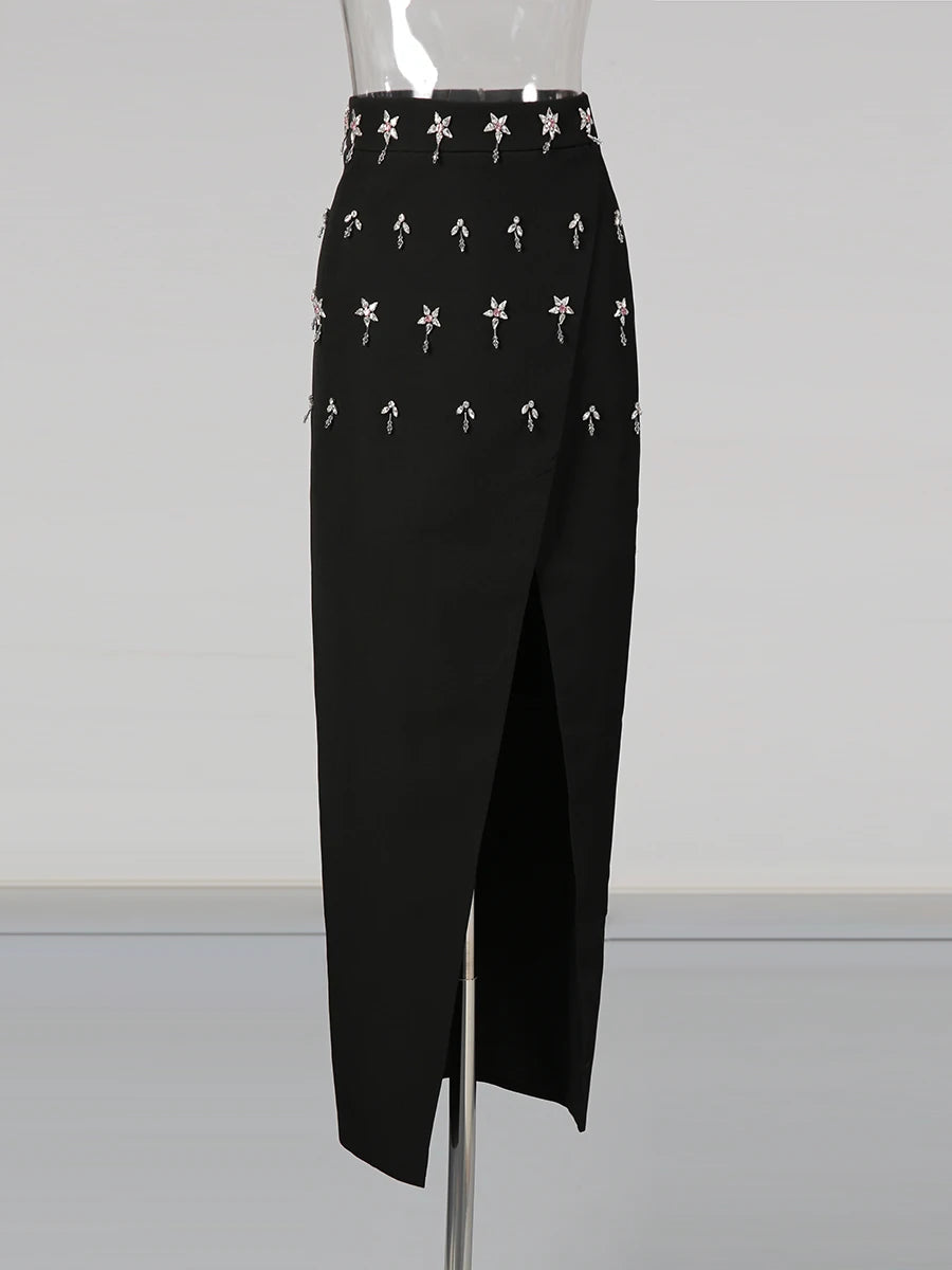 Solid Spliced Bead Lusurious Two Piece Sets for Women O Neck Long Sleeves Top High Waist Split Skirt Set Female New