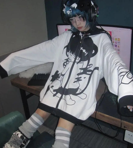 Streetwear Japanese Coat for Women Cartoon Long Sleeve Sailor Collar Oversized Outwear Y2k Tops Casual Fashion Sweet Jackets