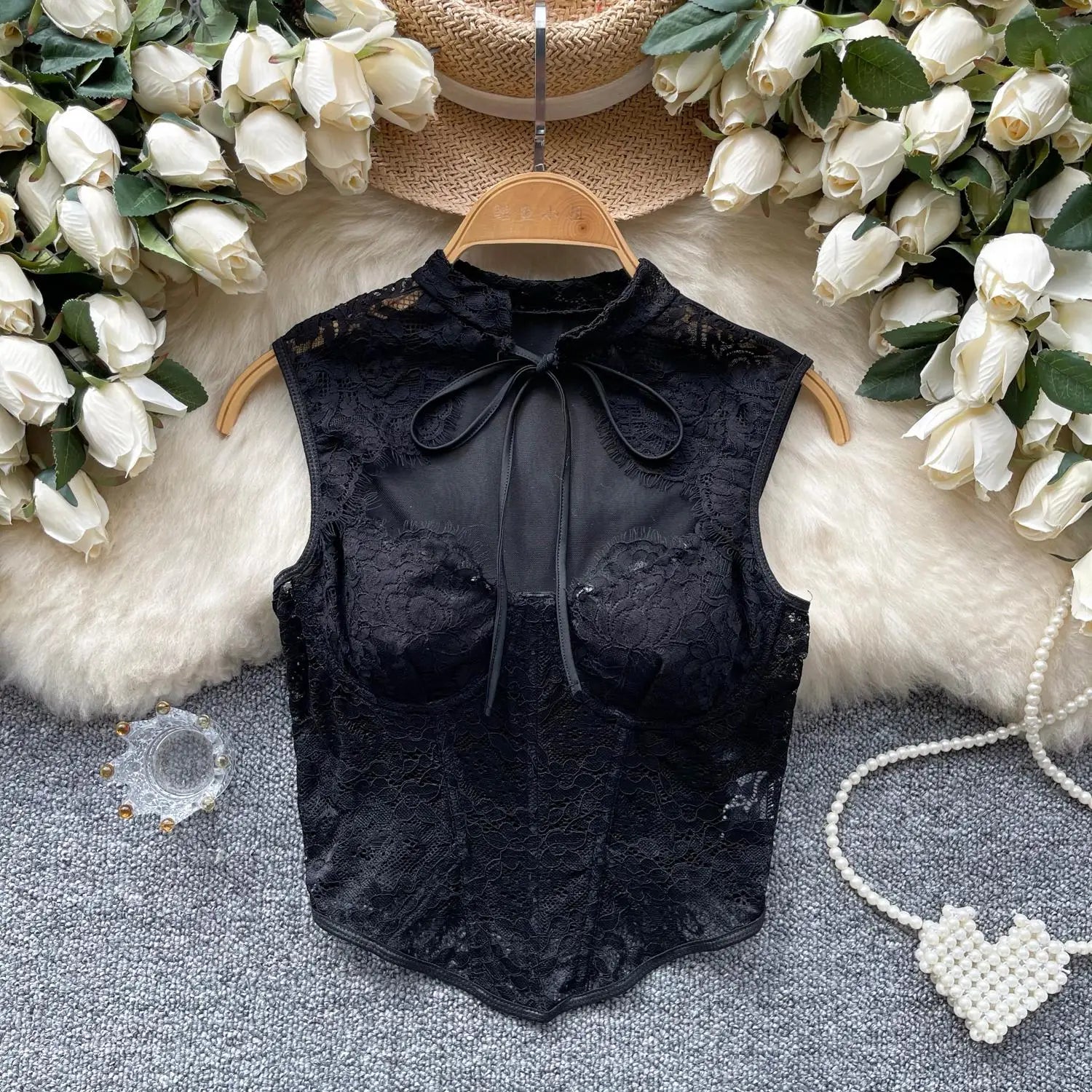 New Chinese Style Vintage Women Black Lace Elegant Sleeveless Tops Summer Sexy Club Vacation Asymmetric Bandage Vest Clothing