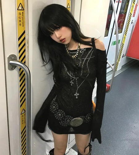 Japanese Y2k Knitted Tops Grunge Tattoo Print Long Sleeve T-shirt Ribbed Vintage Harajuku Shirring Knitwear 2000s Gothic