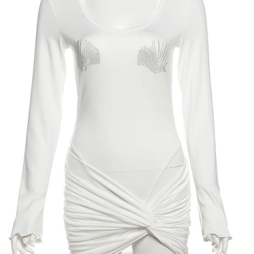 Load image into Gallery viewer, Sexy Diamonds Seashell Women 2 Piece Set Y2K Crew Neck Full Sleeve Bodysuits+Knot Cross Mini Skirts Matching Clubwear
