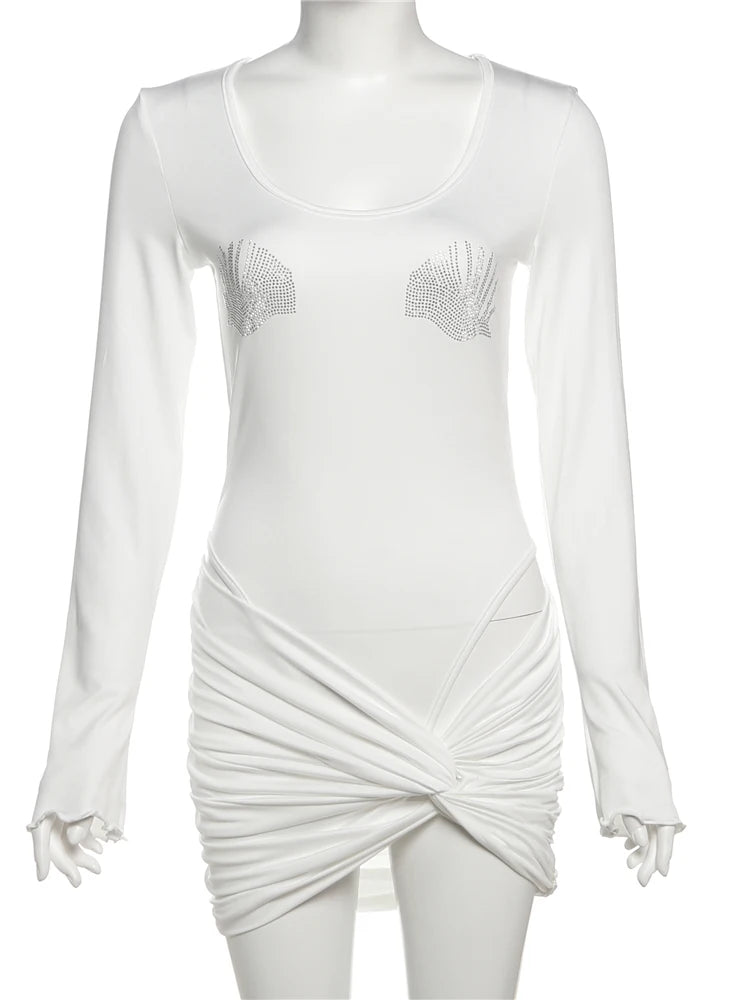 Sexy Diamonds Seashell Women 2 Piece Set Y2K Crew Neck Full Sleeve Bodysuits+Knot Cross Mini Skirts Matching Clubwear