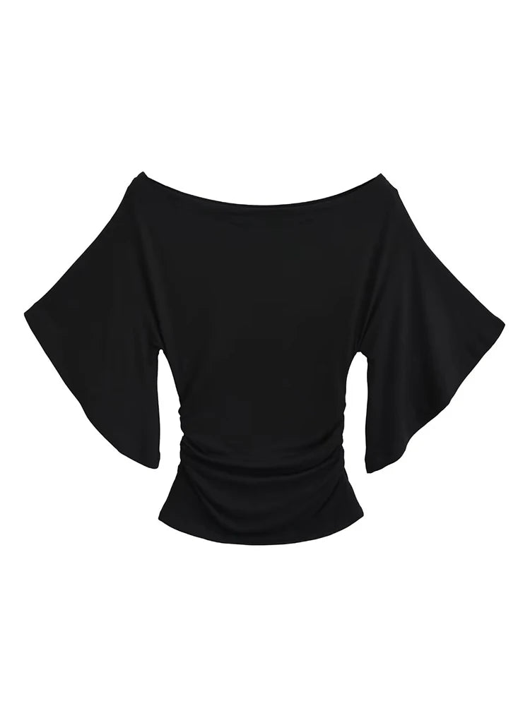 Korean style Women Summer Sexy Bat Sleeve Slash Neck Off Shoulder T-shirt Cinching Waist Solid Slim Top