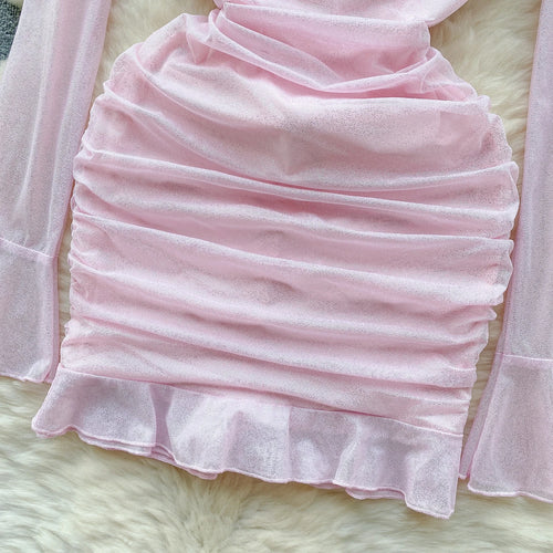 Load image into Gallery viewer, Pink Square Neck Low Cut Long Sleeve Pleated Bandage Mini Dress Women Autumn 2023 Elegant Slim Sexy Club Wrapped Hip Short Dress
