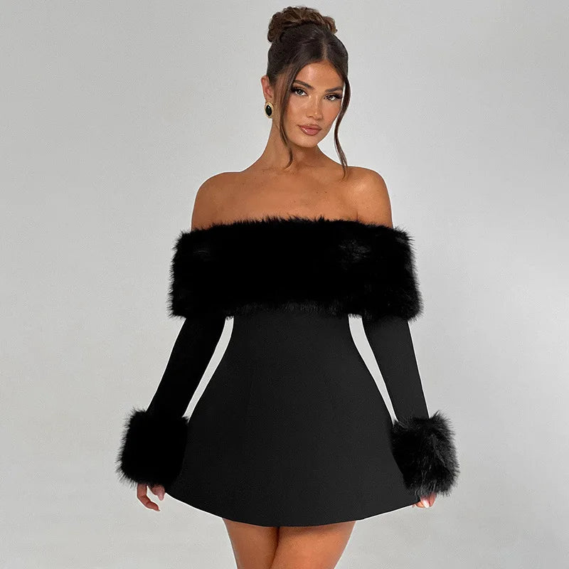 Feather Strapless Long Sleeve Sexy Mini Dress Women Fashion Off-shoulder Backless High Waist Club Party Dress Elegant