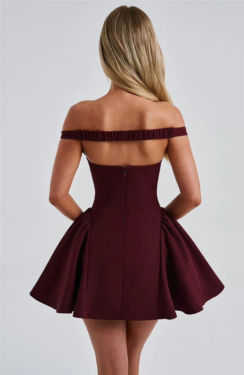 Off-shoulder Backless Sexy Mini Dress For Women Wine Red Sleeveless Strapless High Waist A-line Club Party Sexy Dress