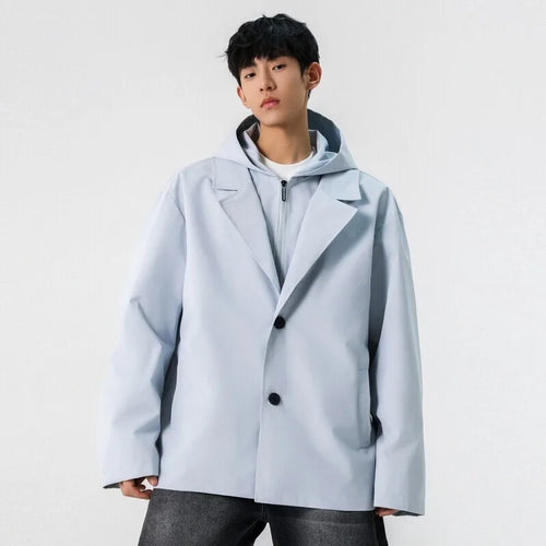 Load image into Gallery viewer, Male American Style Fake Two Piece Lapel Jackets Men&#39;s Hooded Casual Solid Color Stand Collar Loose Coats Menswear 9W1235
