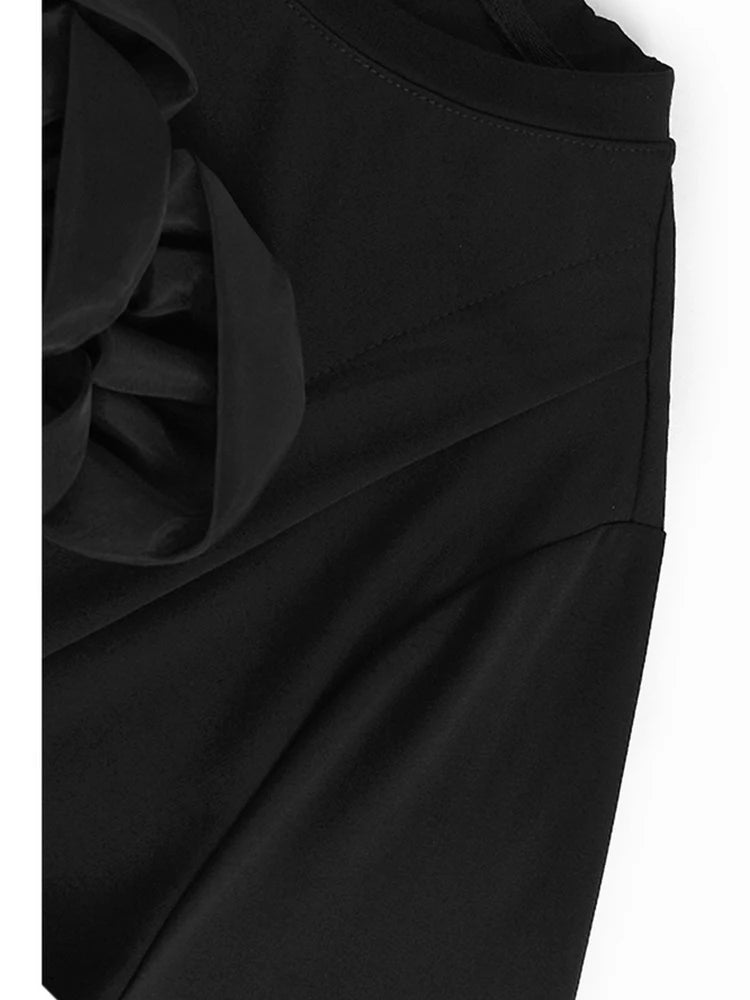 Women Black Three-dimensional Flower Big Size Midi Dress New Round Neck Short Sleeve Fashion Spring Summer 2025 1DJ1191