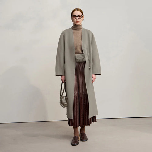 Load image into Gallery viewer, 100% Wool Women's Jacket Coat 2025 Winter New Long Zipper Woolen Coat Woman With Belt Double-sided Tweed Jacket 12544007
